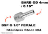 BSP G 1/8 inch FEMALE to BARB OD 4mm / 0.16 inch Stainless Tail Adaptor Hose Connector