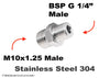 M10x1.25 Male to BSP G 1/4 inch Male Stainless Sensor Adaptor Fittings Conversion