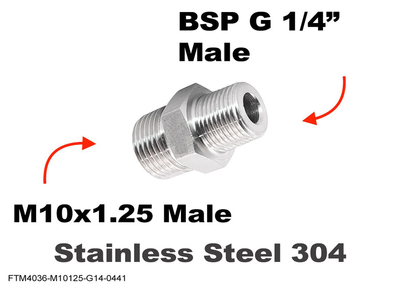 M10x1.25 Male to BSP G 1/4 inch Male Stainless Sensor Adaptor Fittings Conversion