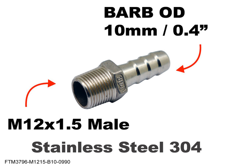 M12x1.5 Male to BARB OD 10mm / 0.4 inch Stainless Tail Adaptor Hose Connector