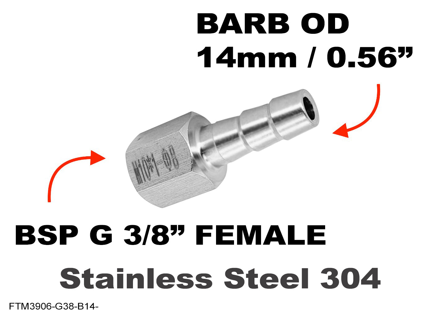 BSP G 3/8 inch FEMALE to BARB OD 14mm / 0.56 inch Stainless Tail Adaptor Hose Connector