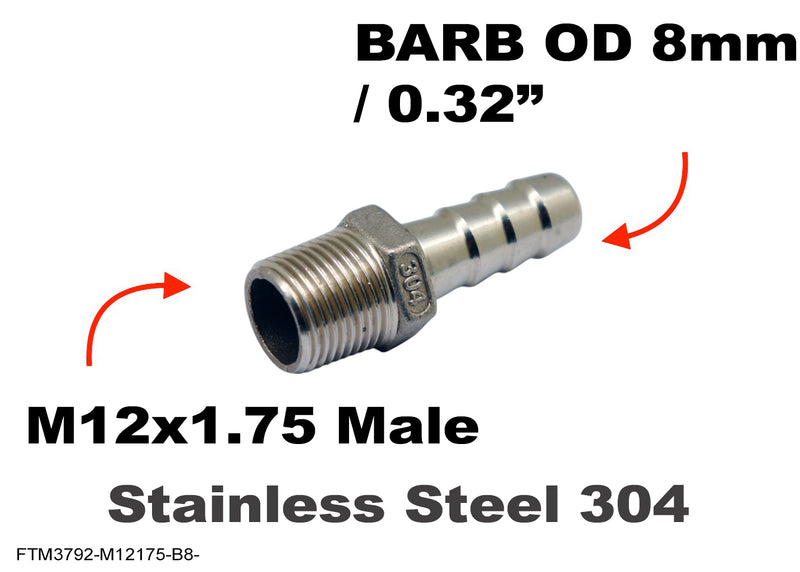 M12x1.75 Male to BARB OD 8mm / 0.32 inch Stainless Tail Adaptor Hose Connector