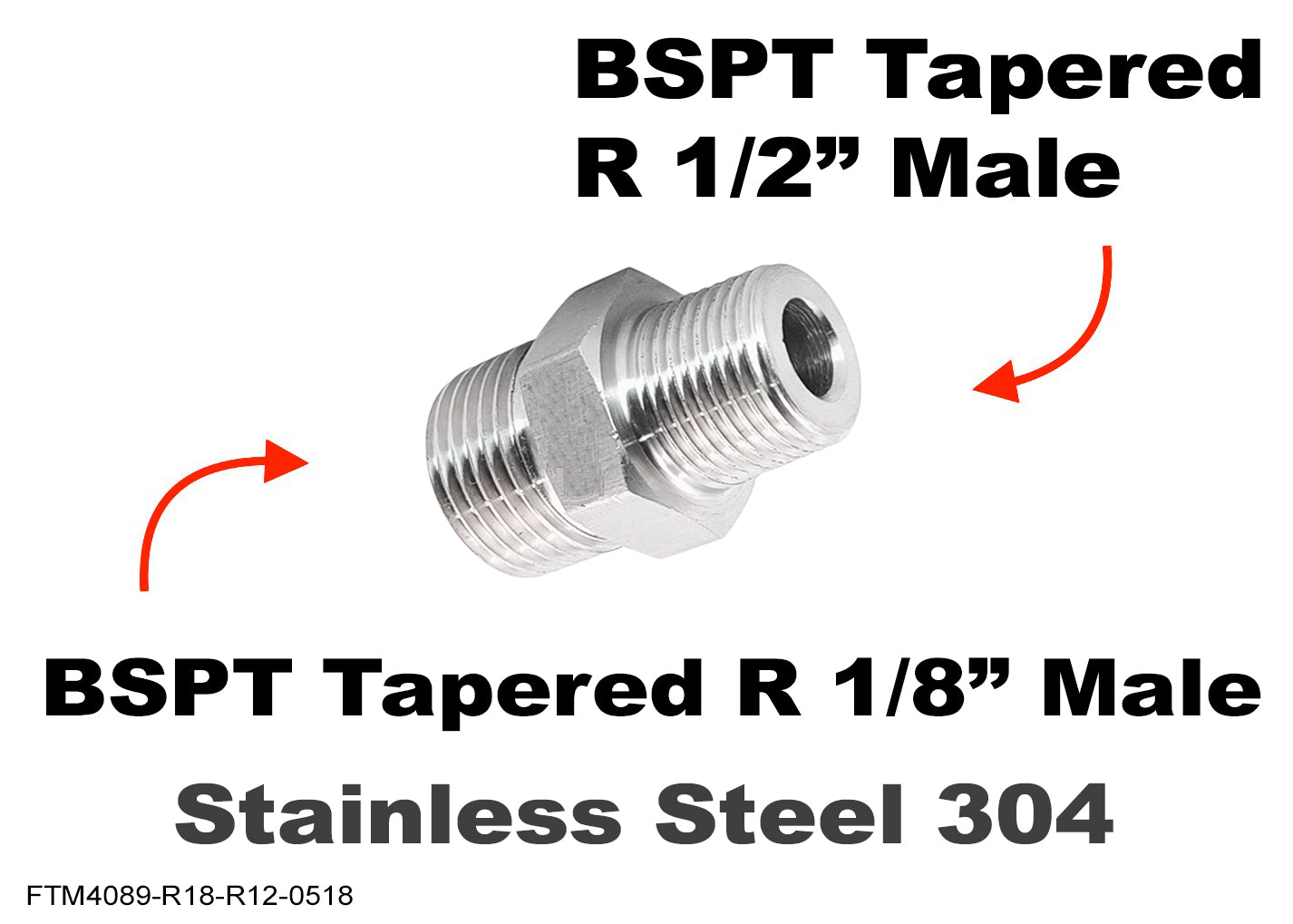 BSPT Tapered R 1/8 inch to BSPT Tapered R 1/2 inch Male Stainless Sensor Adaptor Fitting