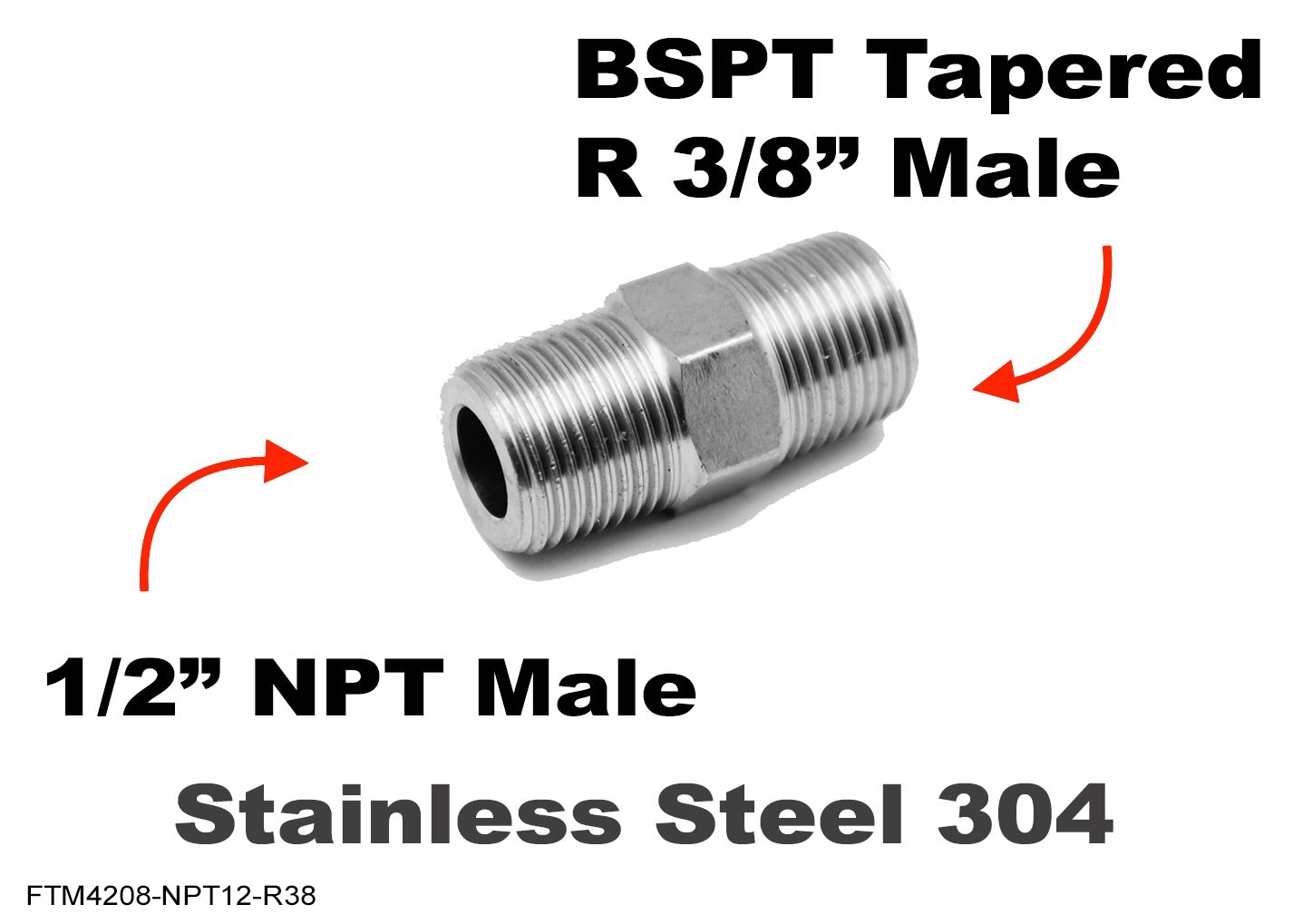 1/2 inch NPT MALE to BSPT Tapered R 3/8 inch MALE Stainless Sensor Adaptor Fittings