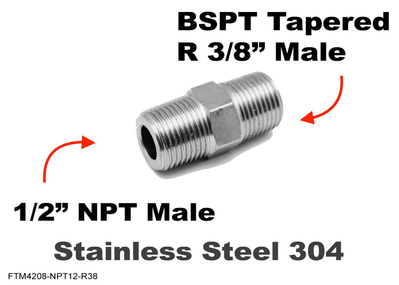 1/2 inch NPT MALE to BSPT Tapered R 3/8 inch MALE Stainless Sensor Adaptor Fittings