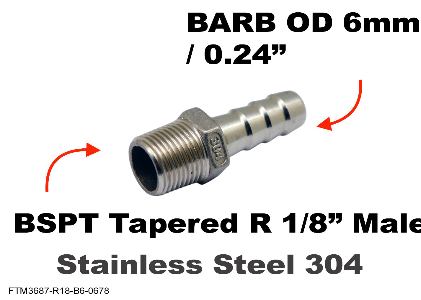 BSPT Tapered R 1/8 inch Male to BARB OD 6mm / 0.24 inch Stainless Tail Adaptor Hose