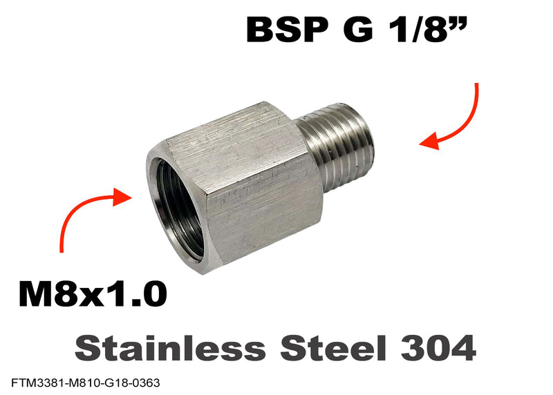 M8x1.0 Female to BSP G 1/8 inch Male Stainless Sensor Adaptor Fittings Conversion