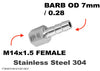 M14x1.5 FEMALE to BARB OD 7mm / 0.28 Stainless Tail Adaptor Hose Connector