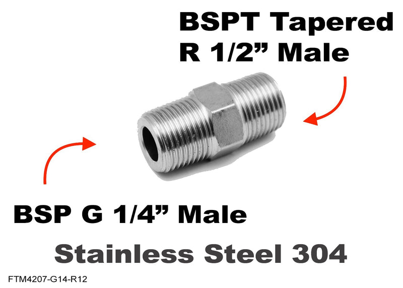 BSP G 1/4 inch MALE to BSPT Tapered R 1/2 inch MALE Stainless Sensor Adaptor Fittings