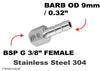 BSP G 3/8 inch FEMALE to BARB OD 9mm / 0.32 inch Stainless Tail Adaptor Hose Connector
