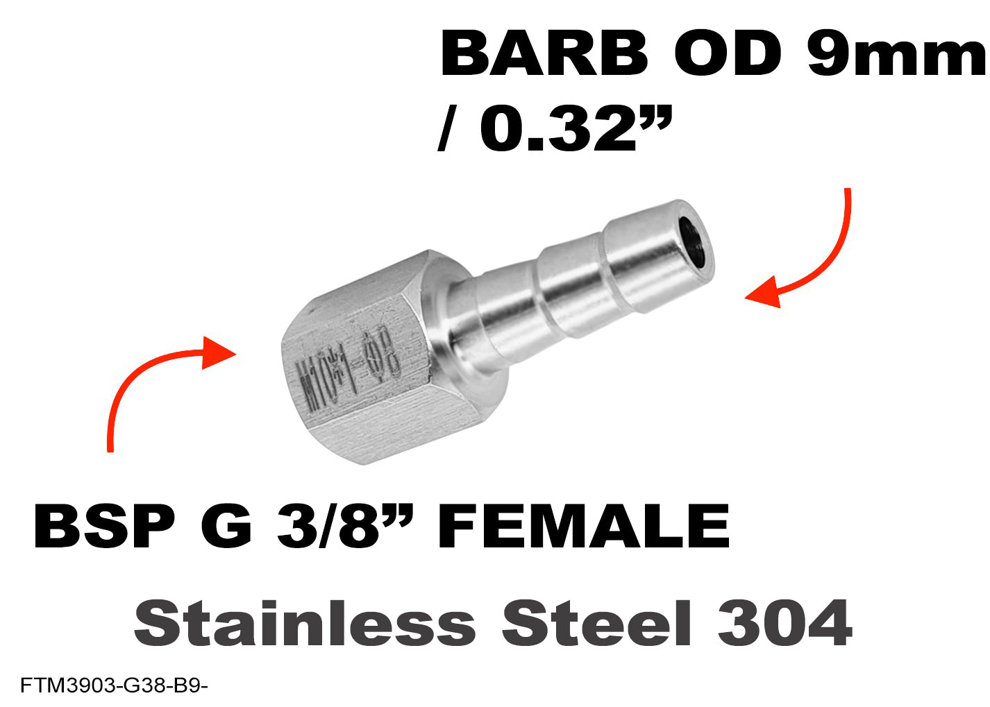BSP G 3/8 inch FEMALE to BARB OD 9mm / 0.32 inch Stainless Tail Adaptor Hose Connector