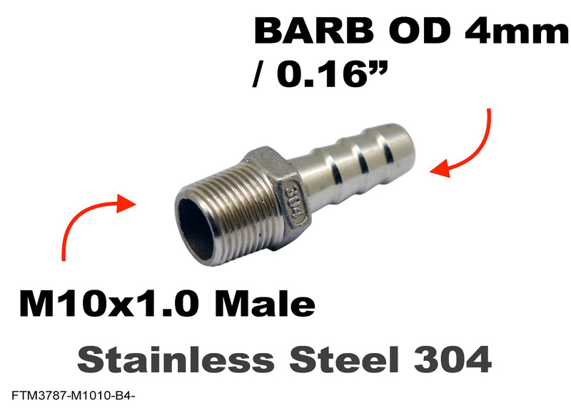 M10x1.0 Male to BARB OD 4mm / 0.16 inch Stainless Tail Adaptor Hose Connector