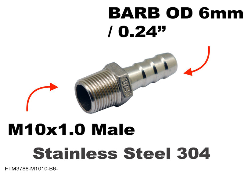 M10x1.0 Male to BARB OD 6mm / 0.24 inch Stainless Tail Adaptor Hose Connector