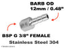BSP G 3/8 inch FEMALE to BARB OD 12mm / 0.48 inch Stainless Tail Adaptor Hose Connector