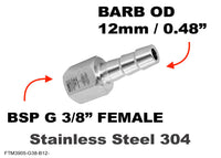 BSP G 3/8 inch FEMALE to BARB OD 12mm / 0.48 inch Stainless Tail Adaptor Hose Connector