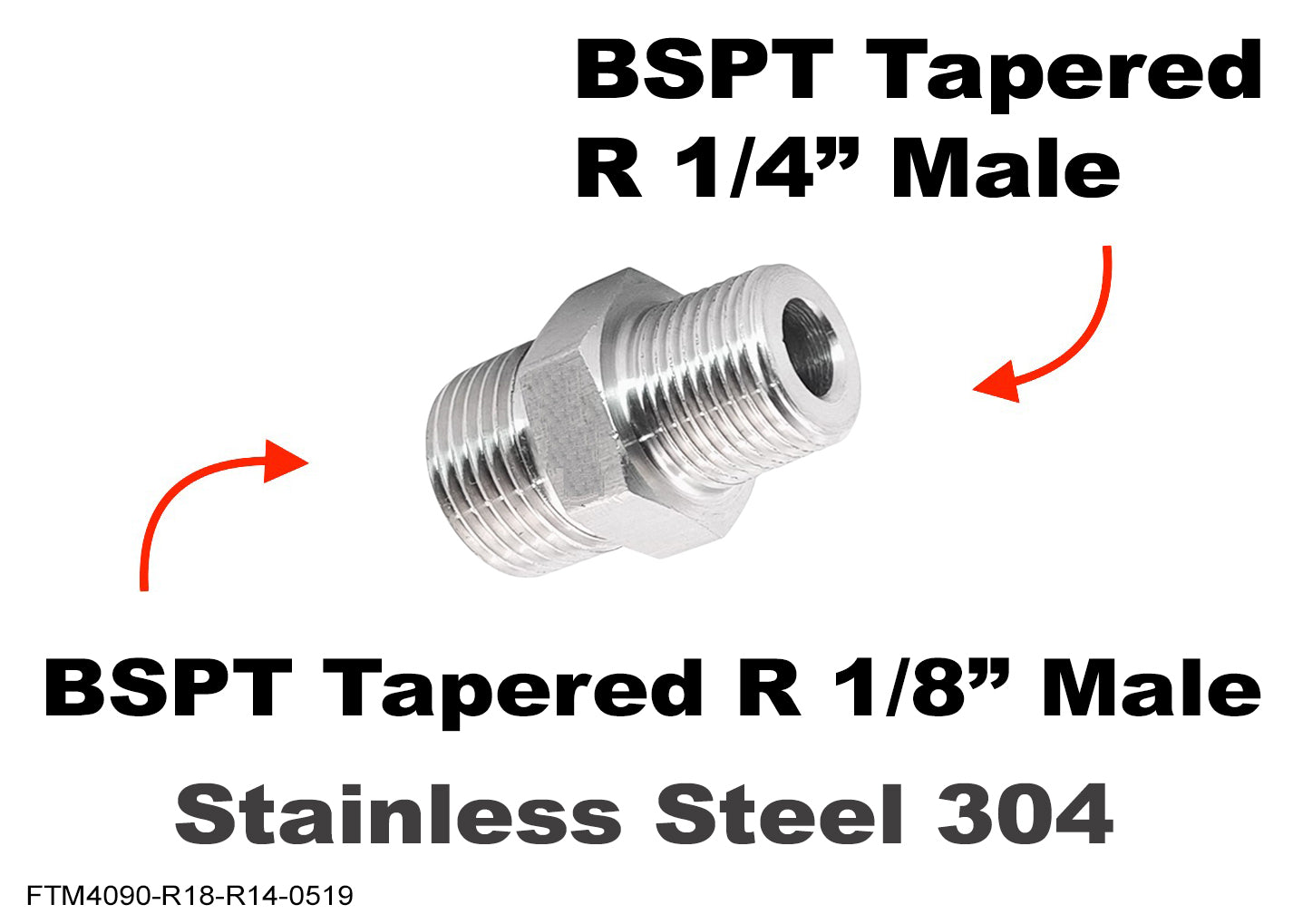 BSPT Tapered R 1/8 inch to BSPT Tapered R 1/4 inch Male Stainless Sensor Adaptor Fitting