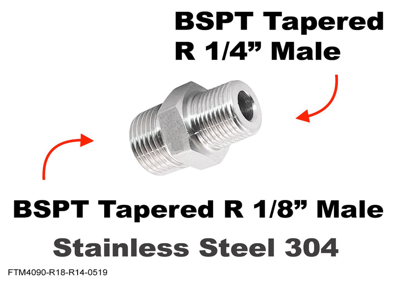 BSPT Tapered R 1/8 inch to BSPT Tapered R 1/4 inch Male Stainless Sensor Adaptor Fitting