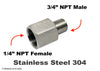 1/4 inch NPT FEMALE to 3/4 inch NPT MALE Stainless Sensor Adaptor Fittings Conversion