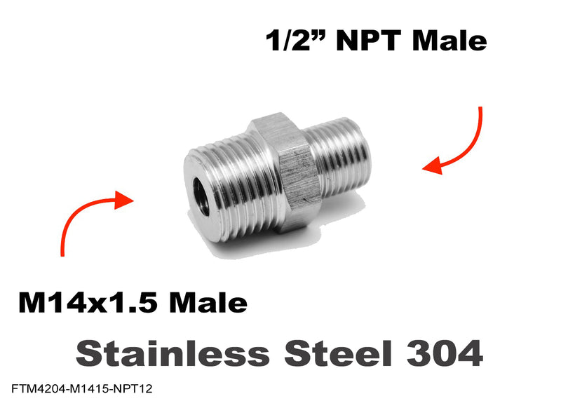 M14x1.5 Male to 1/2 inch NPT Male Stainless Sensor Adaptor Fittings Conversion