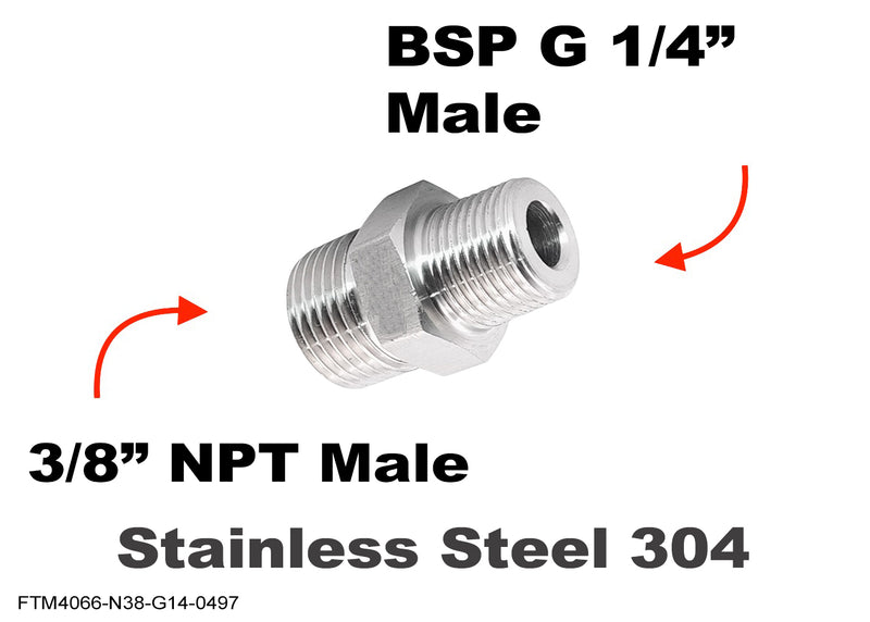 3/8 inch NPT Male to BSP G 1/4 inch Male Stainless Sensor Adaptor Fittings Conversion