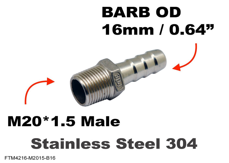 M20*1.5 MALE to BARB OD 16mm / 0.64 inch  Stainless Tail Adaptor Hose