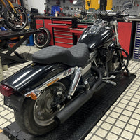 Stainless steel 2-in-1 full-length Harley Dyna Fat Bob exhaust system with muffler, compatible with FXDF, FXDL, FXDB, FXD 2006-2017.
