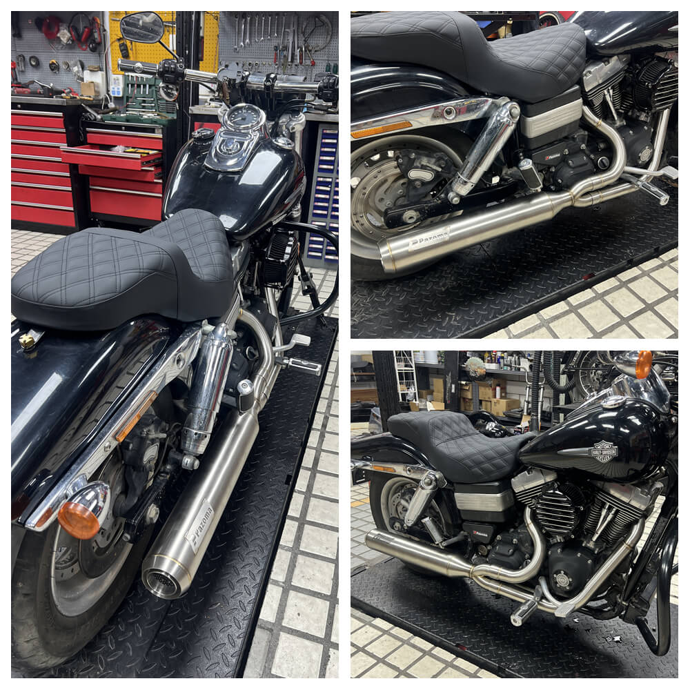 Stainless steel 2-in-1 full-length Harley Dyna Fat Bob exhaust system with muffler, fits 2006-2017 FXDF FXDL FXDB FXD motorcycles.