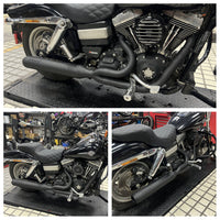Stainless steel 2-in-1 full-length Harley Dyna Fat Bob exhaust system with muffler, compatible with FXDF, FXDL, FXDB models 2006-2017.