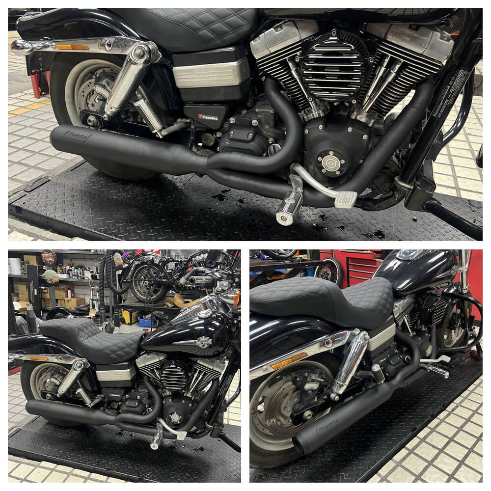 Stainless steel 2-in-1 full-length Harley Dyna Fat Bob exhaust system with muffler, compatible with FXDF, FXDL, FXDB models 2006-2017.