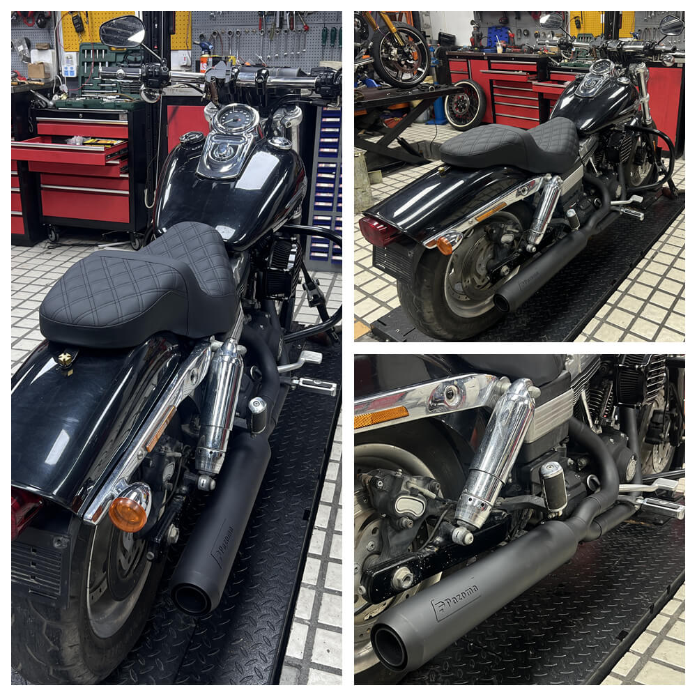 Stainless steel 2-in-1 full-length Harley exhaust system with muffler for Dyna Fat Bob, Low Rider, Street Bob 2006-2017.