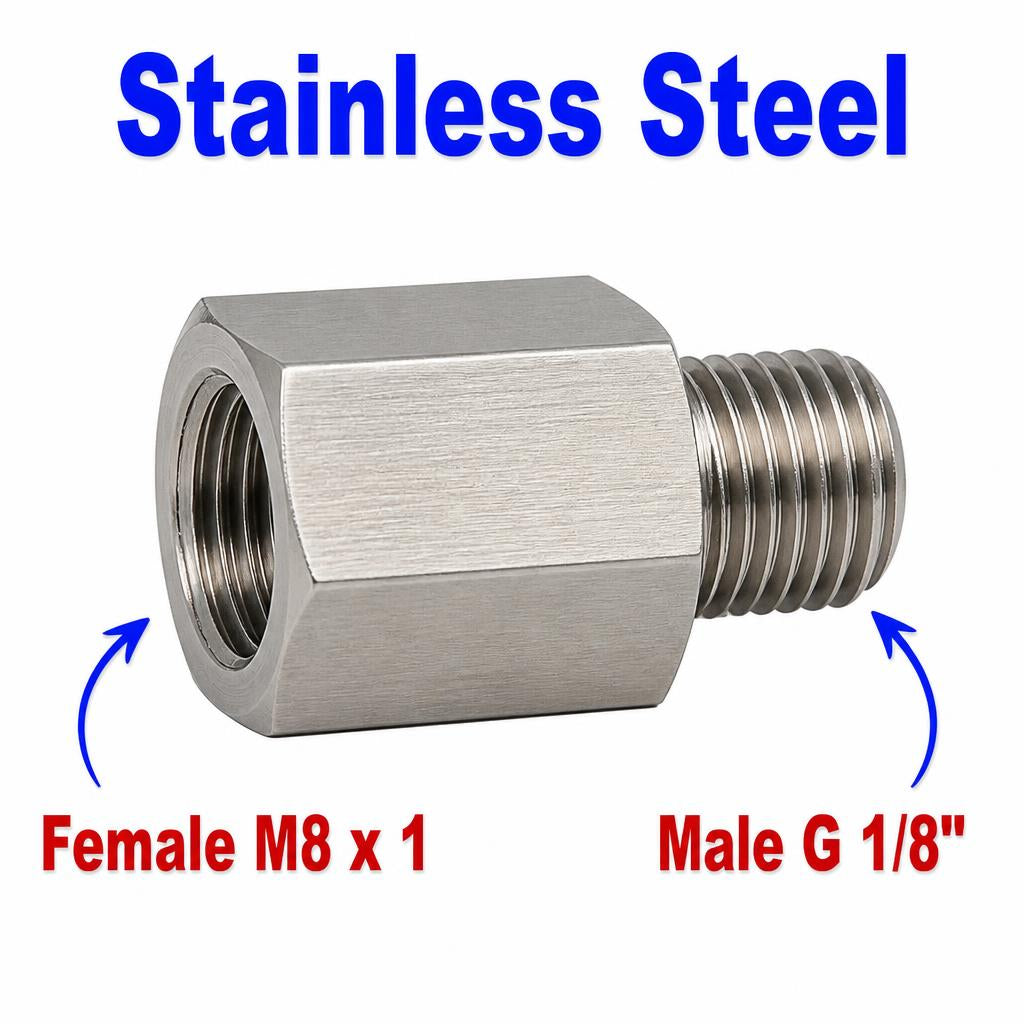 Stainless steel M8x1 female to BSP G 1/8 inch male sensor adaptor fitting for hydraulic or pneumatic connections.
