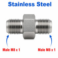 Stainless steel M8x1 male to M8x1 male sensor adapter fitting, APS conversion fitting by MC Motoparts, showing the threaded metal components.
