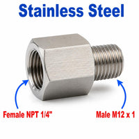 1/4 inch NPT Female to M12x1 Male Stainless Steel 304 Sensor Adaptor Fittings Conversion