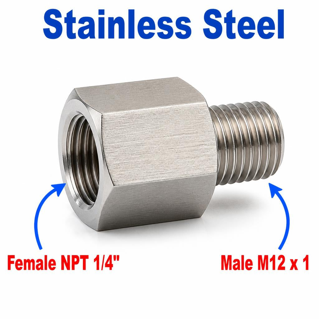 1/4 inch NPT Female to M12x1 Male Stainless Steel 304 Sensor Adaptor Fittings Conversion