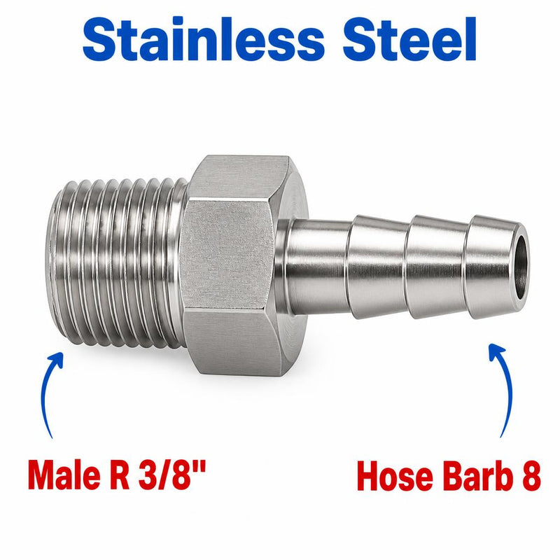 BSPT Tapered R 3/8 inch Male to BARB OD 8mm / 0.32 inch Stainless Steel 304 Sensor Adaptor Fittings Conversion