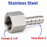 BSP G 1/4 inch Female to BARB OD 4mm / 0.16 inch Stainless Steel 304 Sensor Adaptor Fittings Conversion
