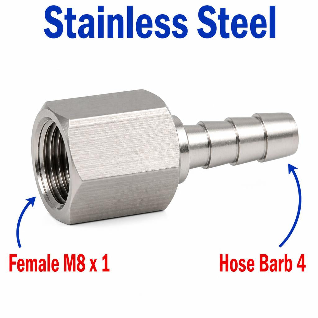 Stainless steel M8x1 female to 4mm barb sensor adaptor fitting, MC Motoparts APS conversion fitting for hoses and sensors.