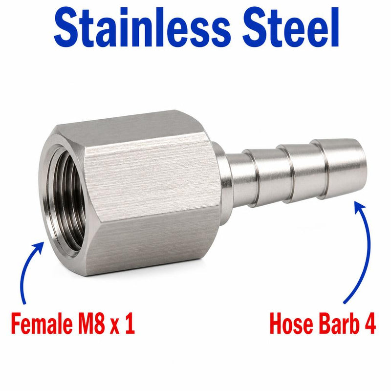 Stainless steel M8x1 female to 4mm barb sensor adaptor fitting, MC Motoparts APS conversion fitting for hoses and sensors.