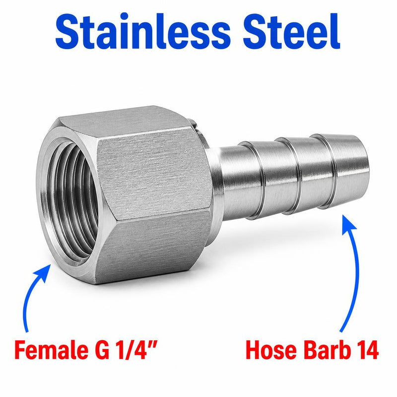 BSP G 1/4 inch Female to BARB OD 14mm / 0.56 inch Stainless Steel 304 Sensor Adaptor Fittings Conversion