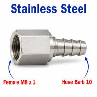Stainless steel M8x1 female to 10mm barb sensor adaptor fitting from MC Motoparts, used for conversion in automotive applications.