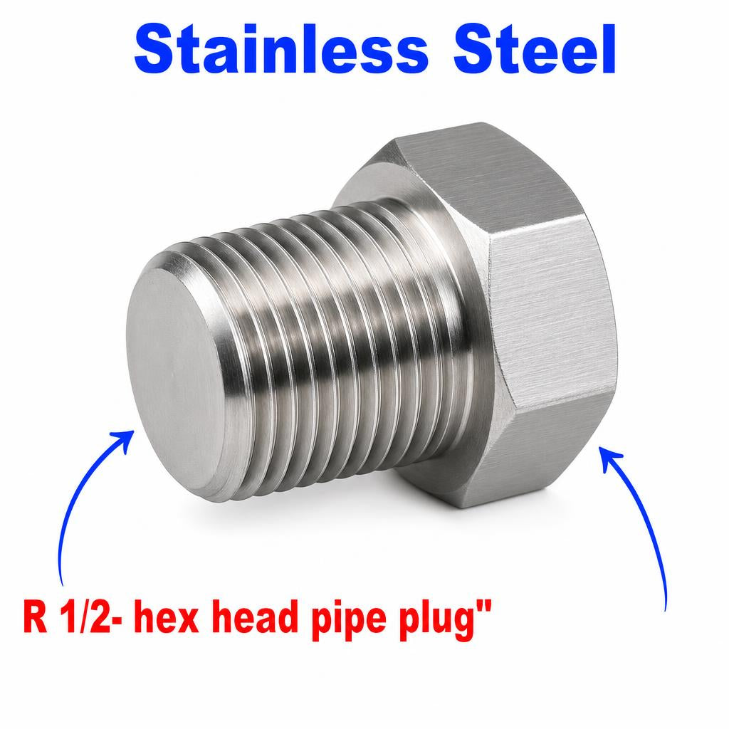 Stainless steel BSPT tapered 1/2 inch hex head pipe plug with threaded fitting for APS adaptor conversions by MC Motoparts