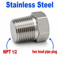 Stainless steel 1/2 inch NPT hex head pipe plug, threaded fitting block off cap for plumbing and automotive applications.