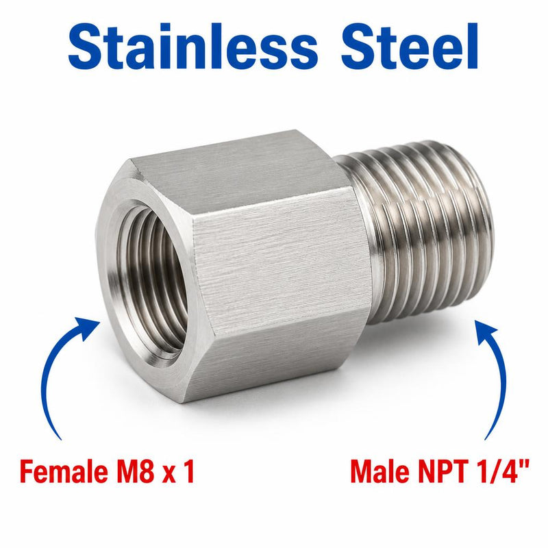 M8x1 female to 1/4 inch NPT male stainless steel sensor adaptor fitting for conversion, MC Motoparts APS adaptor fittings.
