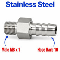 Stainless steel M8x1 male to 10mm barb sensor adaptor fitting for conversion, designed by MC Motoparts.