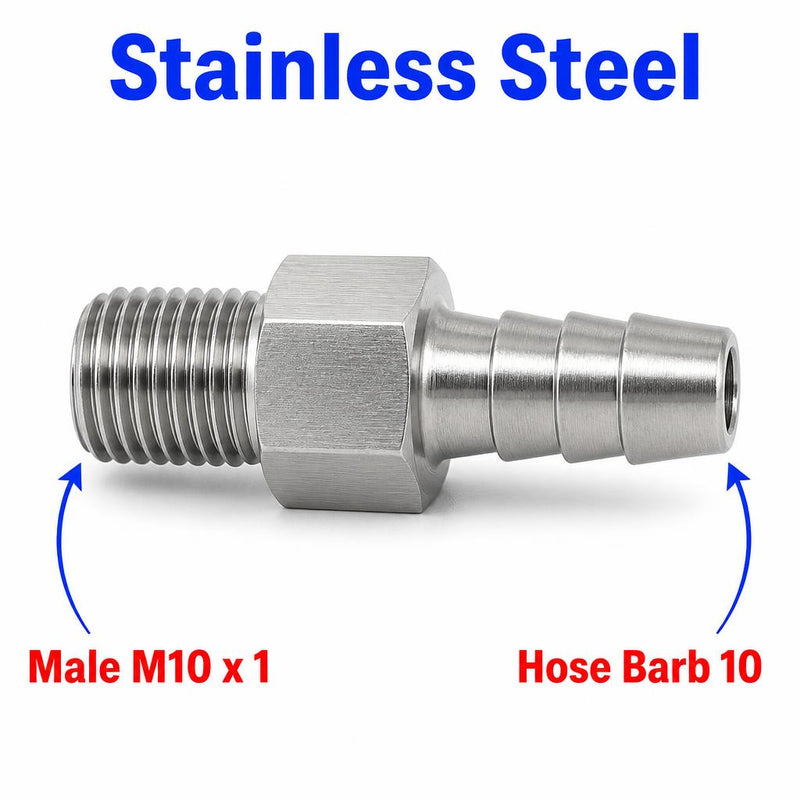 M10x1 Male to BARB OD 10mm / 0.4 inch Stainless Steel 304 Sensor Adaptor Fittings Conversion