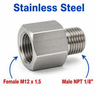 Stainless steel M12x1.5 female to 1/8 inch NPT male sensor adaptor fitting for conversion, by MC Motoparts.