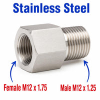 Stainless steel MC Motoparts M12x1.75 female to M12x1.25 male sensor adaptor fitting for conversion, shown from angle.