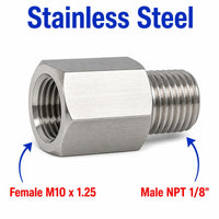 Stainless steel M10x1.25 female to 1/8 inch NPT male sensor adaptor fitting for conversion by MC Motoparts.