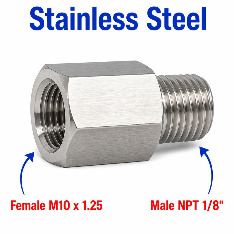 Stainless steel M10x1.25 female to 1/8 inch NPT male sensor adaptor fitting for conversion by MC Motoparts.