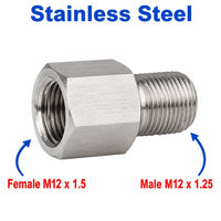 Stainless steel M12x1.5 female to M12x1.25 male sensor adaptor fitting for conversion, shown in close-up image.
